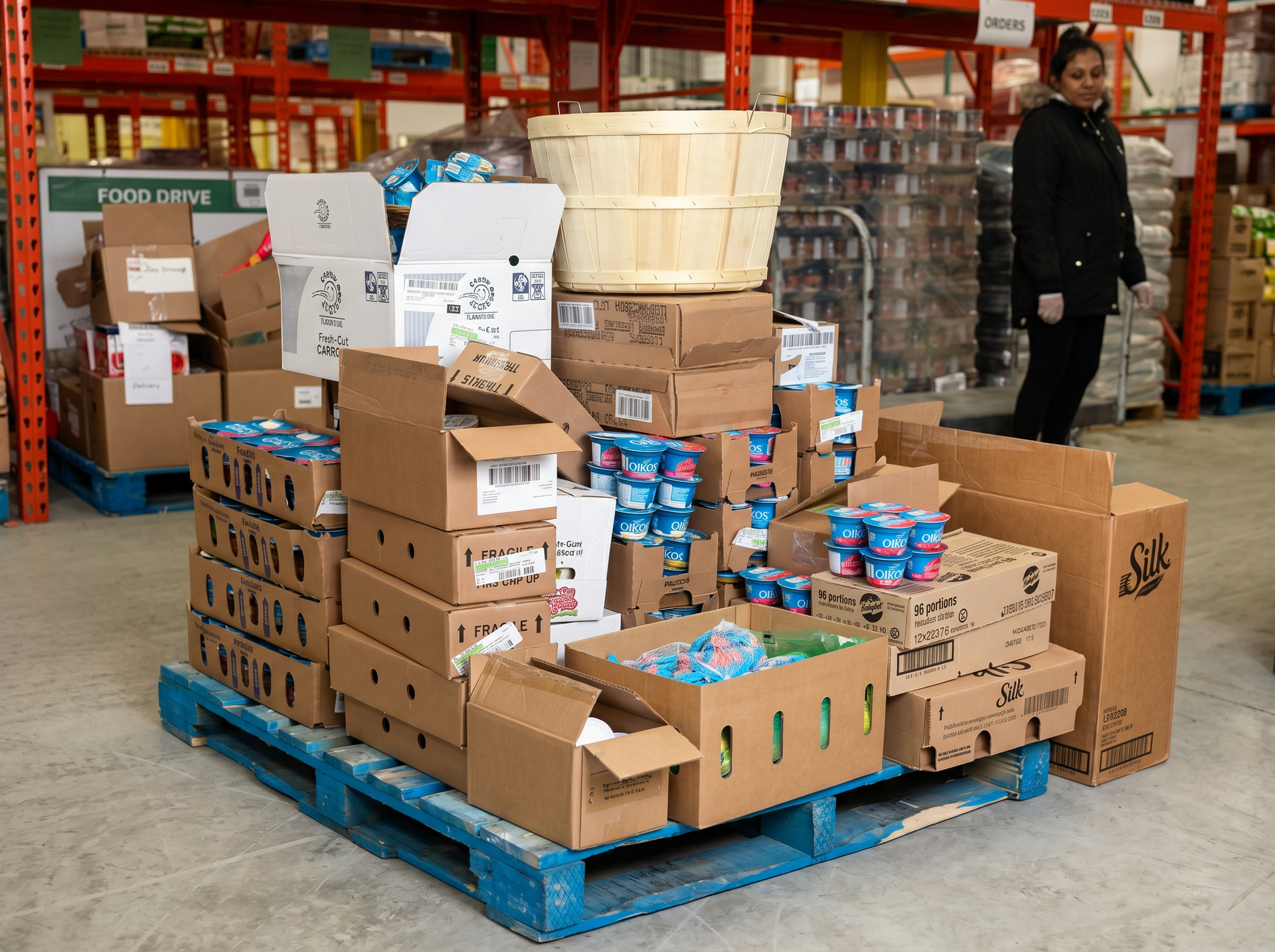 Pallets stacked with assorted boxes and canned goods in a warehouse aisle, with a worker standing nearby.