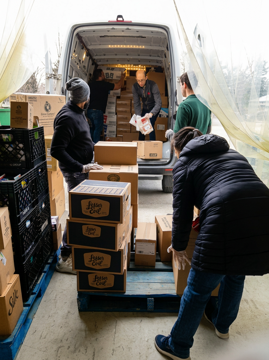 People loading cardboard boxes into a delivery van in a narrow alley