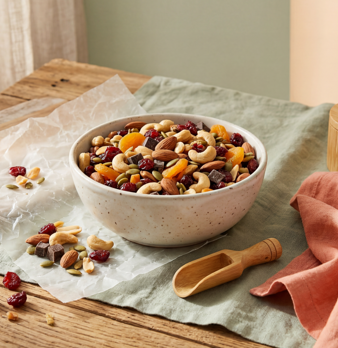 Bowl of mixed nuts, dried fruit, and berries on a rustic wooden table with a spoon and cloth napkin