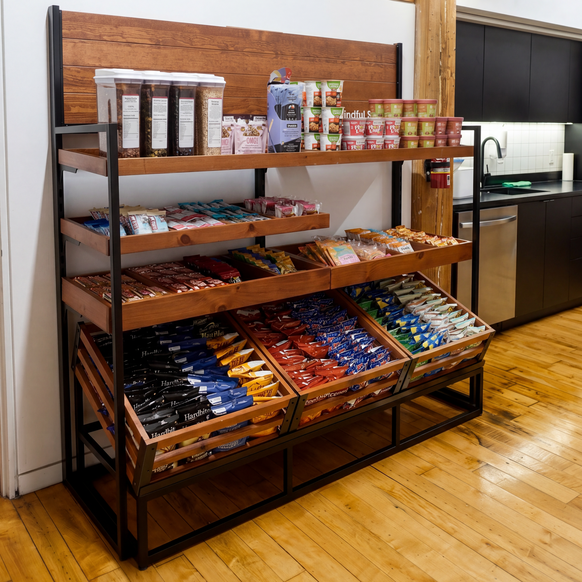 Wooden snack display rack with assorted packaged treats in a bright store aisle