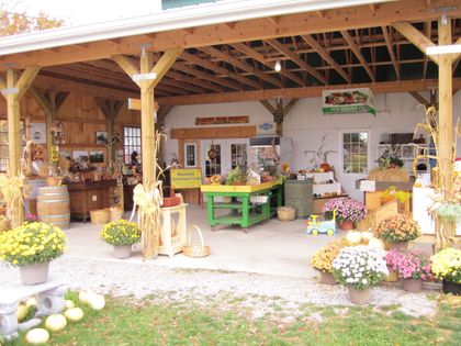 Farm stand with pumpkins, flowers, and rustic wooden decor under a covered porch