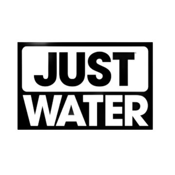 Black-and-white logo reading “JUST WATER” in bold block letters.