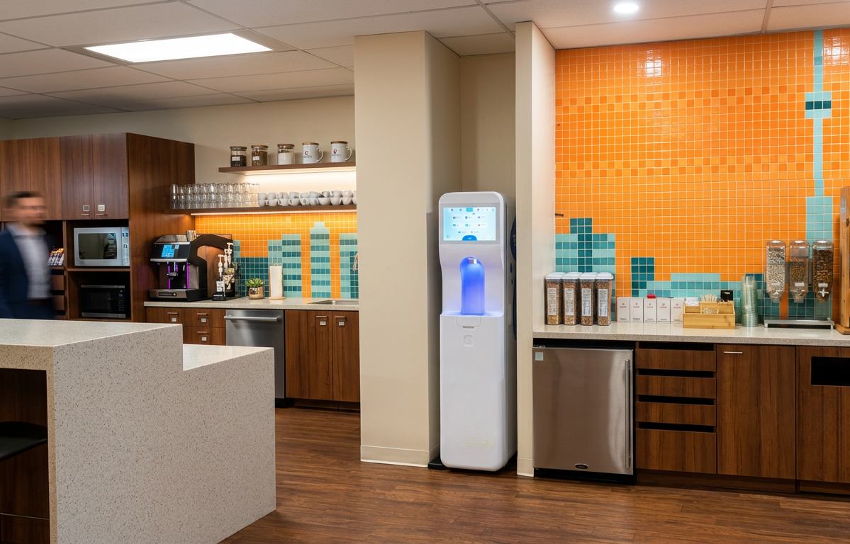 Modern office break room with coffee station, water dispenser, cabinets, and wood flooring