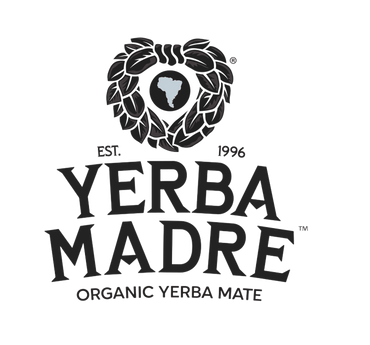 Yerba Madre organic yerba mate logo with black leaf emblem and text on white background