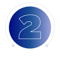 Number 2 in outlined white font, inside a blue gradient circle, set within a white outline with two small dots.