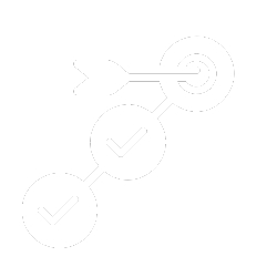 Arrow hitting target, connected to circles with checkmarks, representing goal achievement.