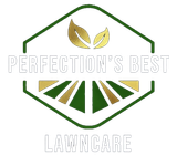 A logo for "Perfection's Best Lawncare" featuring two gold leaves above text, with a green and gold patterned field below.