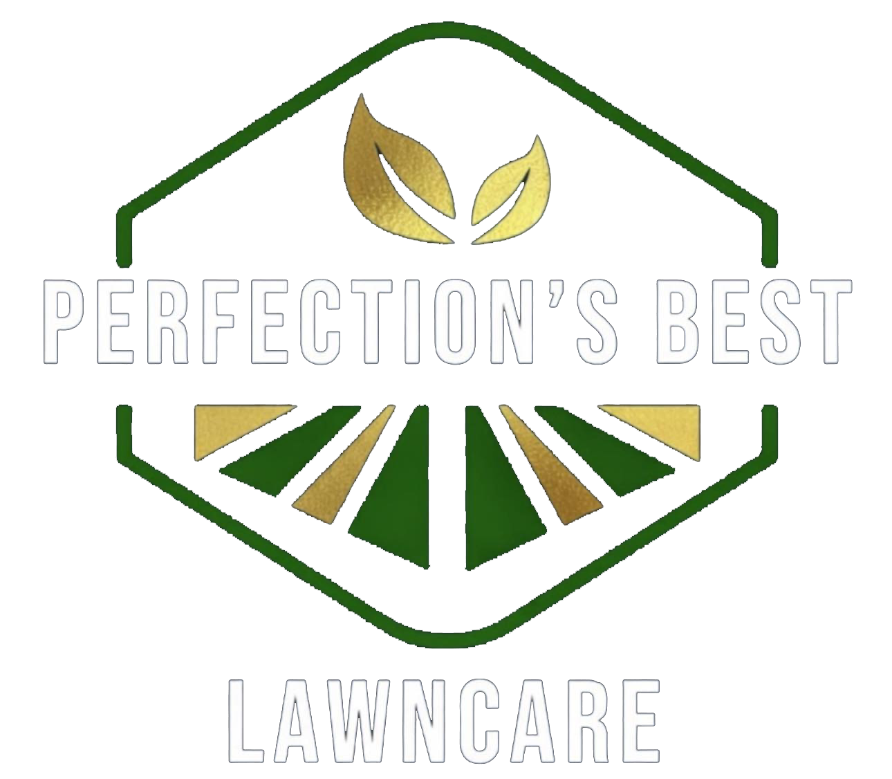 A logo for "Perfection's Best Lawncare" featuring two gold leaves above text, with a green and gold patterned field below.