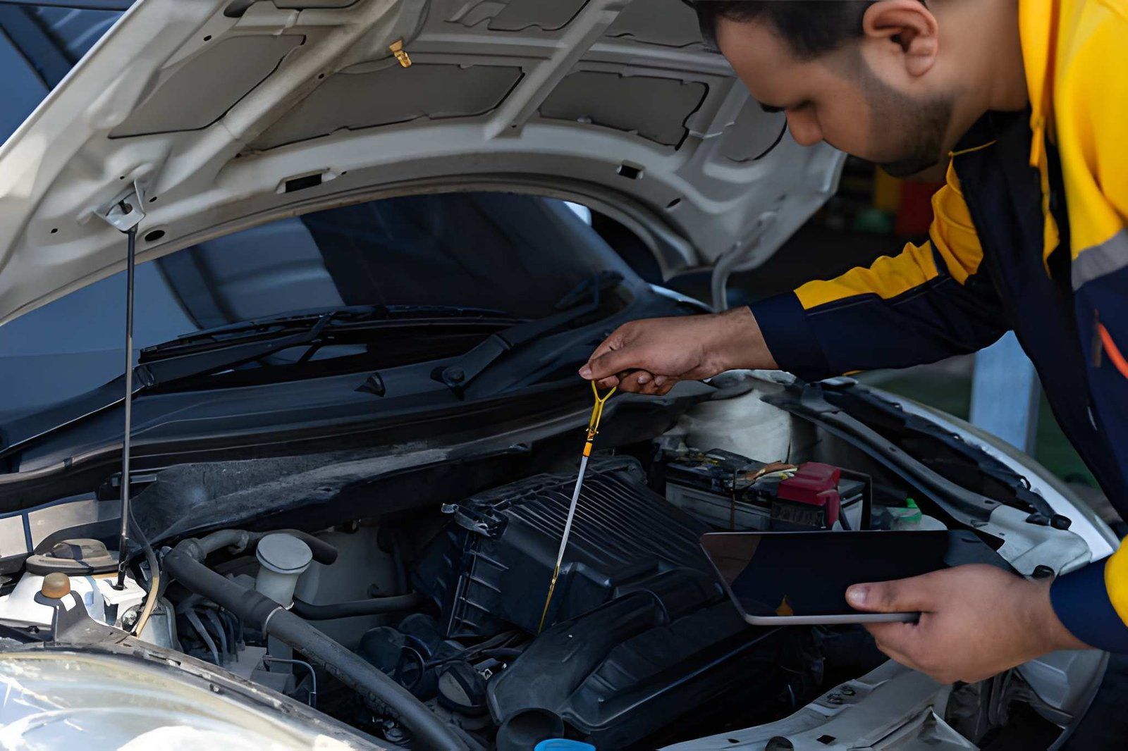 Man checking engine oil under open car hood with dipstick