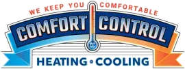 Logo of Comfort Control, a heating and cooling company. Blue and orange design with a thermometer icon, and text.