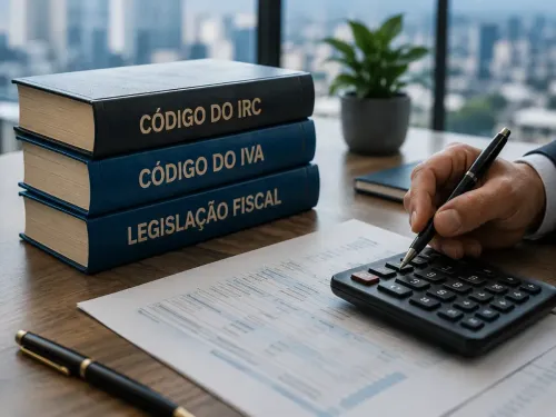 Livros de legislação tributária ao lado de uma calculadora e mão fazendo contas em uma mesa.
