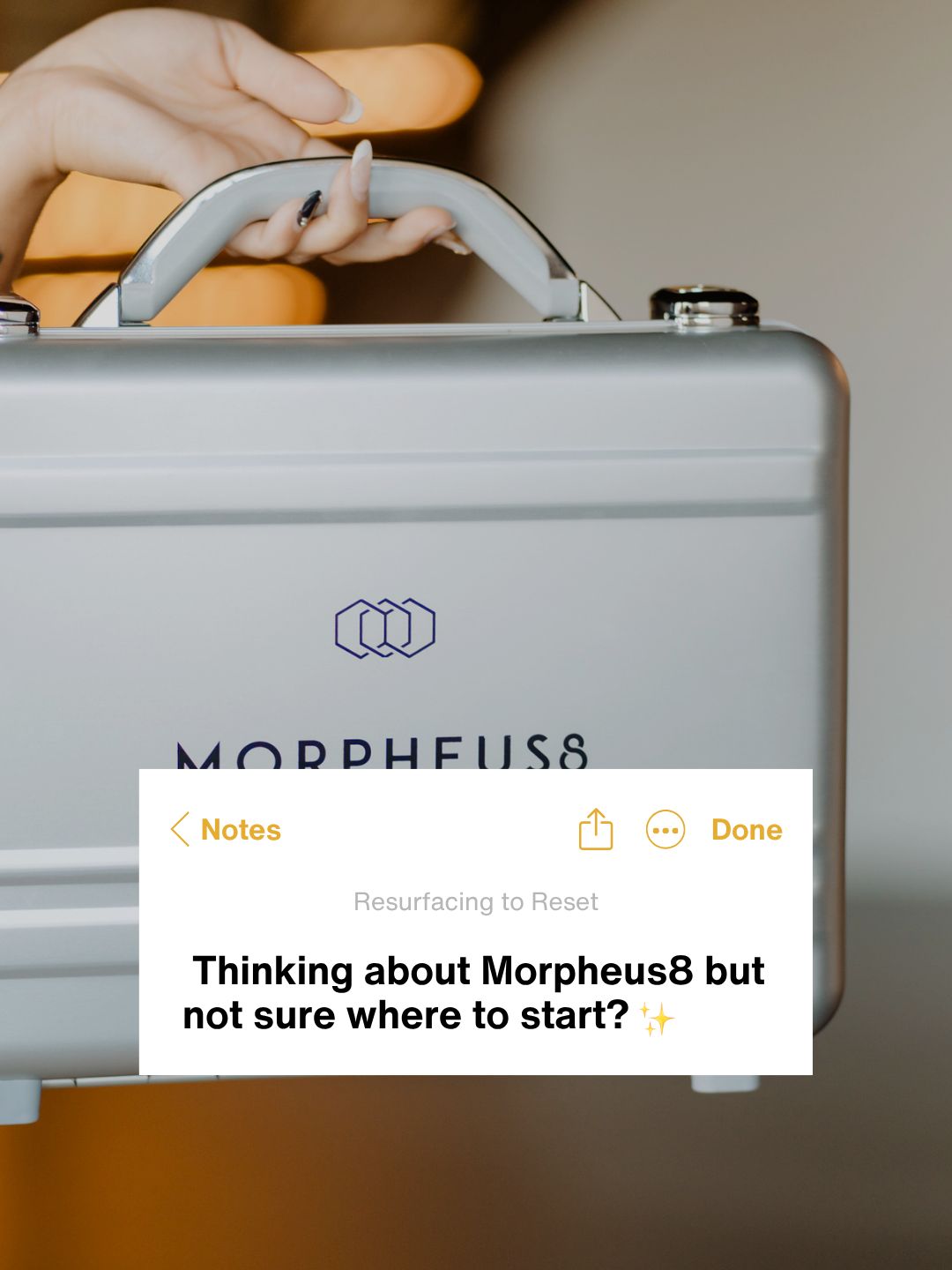 Hand holding a gray Morpheus case with a note overlay reading, “Thinking about Morpheus? but not sure where to start?”