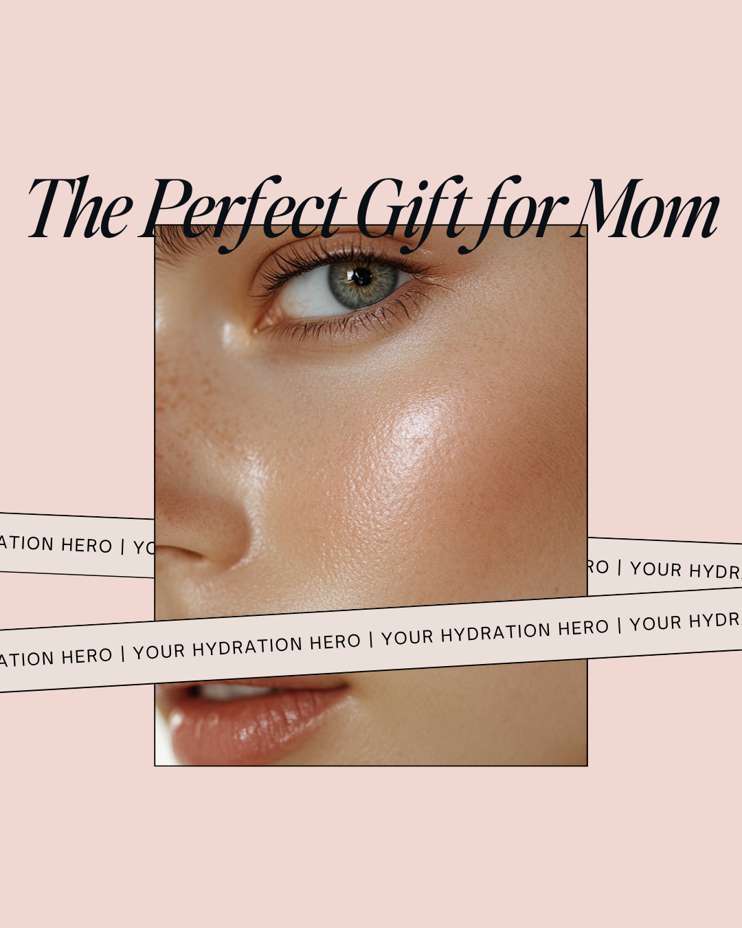 Promotional graphic with text “The Perfect Gift for Mom” over a close-up of a woman’s face and eye.