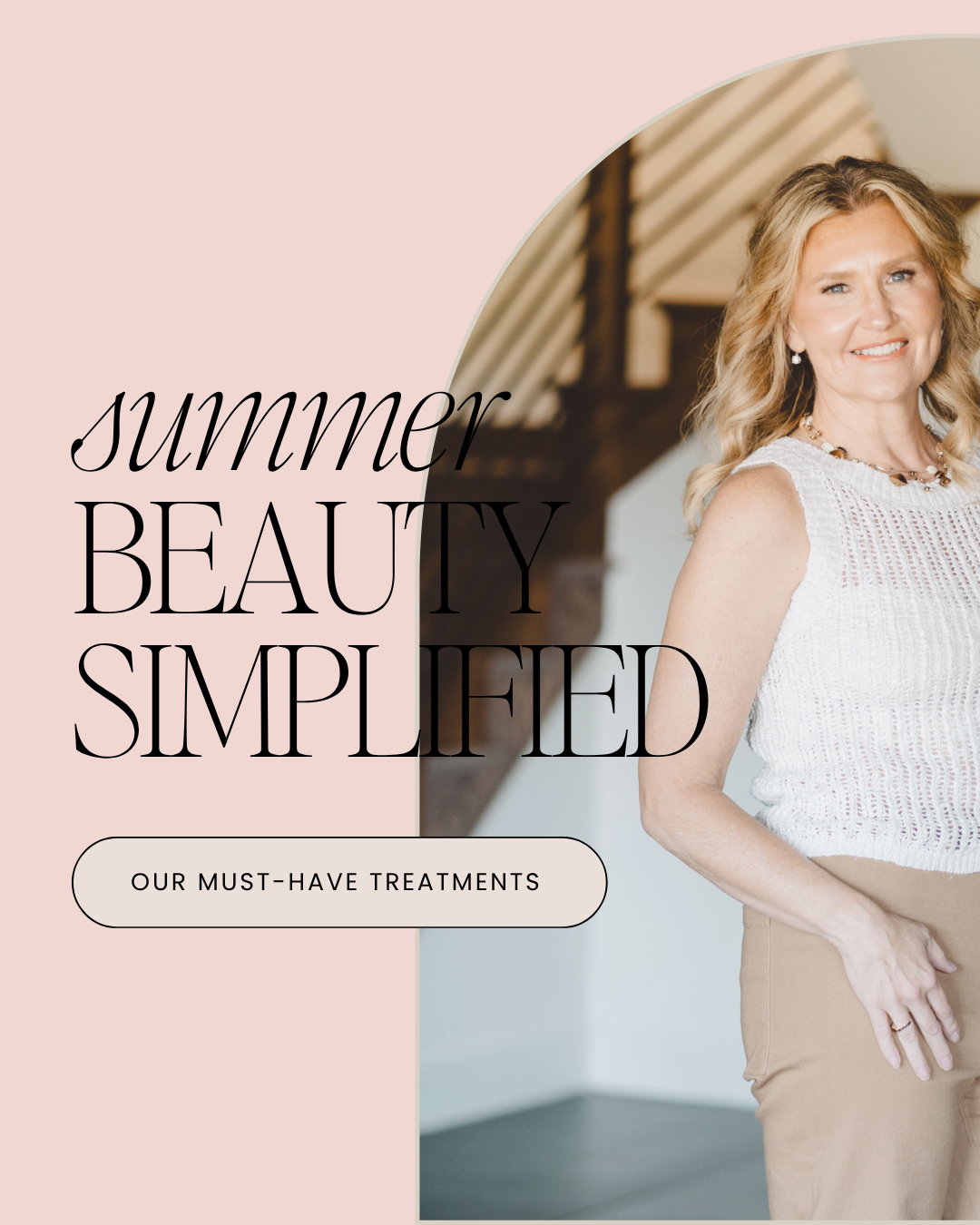 Summer beauty simplified promo with a smiling woman beside elegant text on a soft pink background