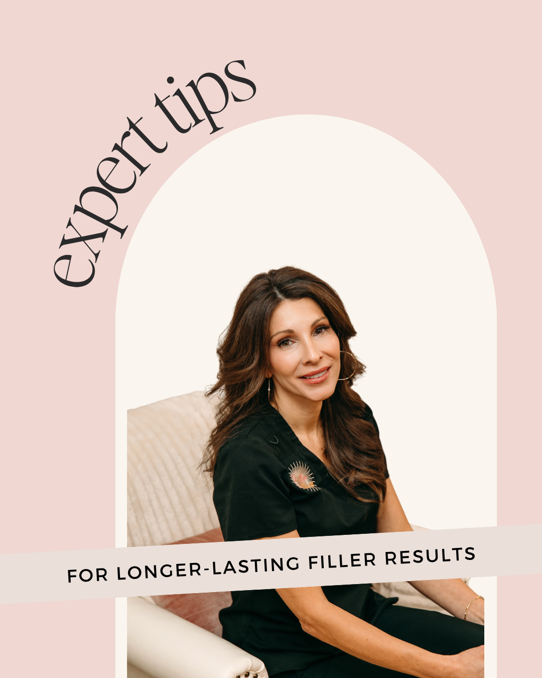 Expert tips with a woman seated on a couch, on a soft pink beauty promo background