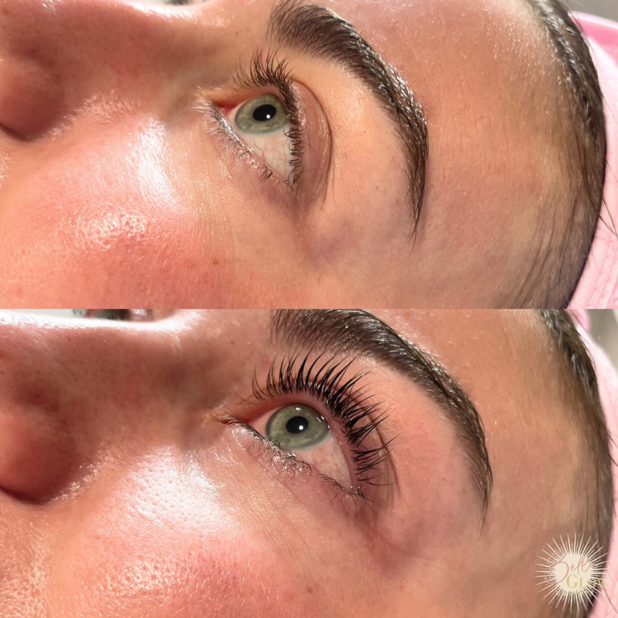 A woman is getting her eyelashes laminated in a beauty salon.