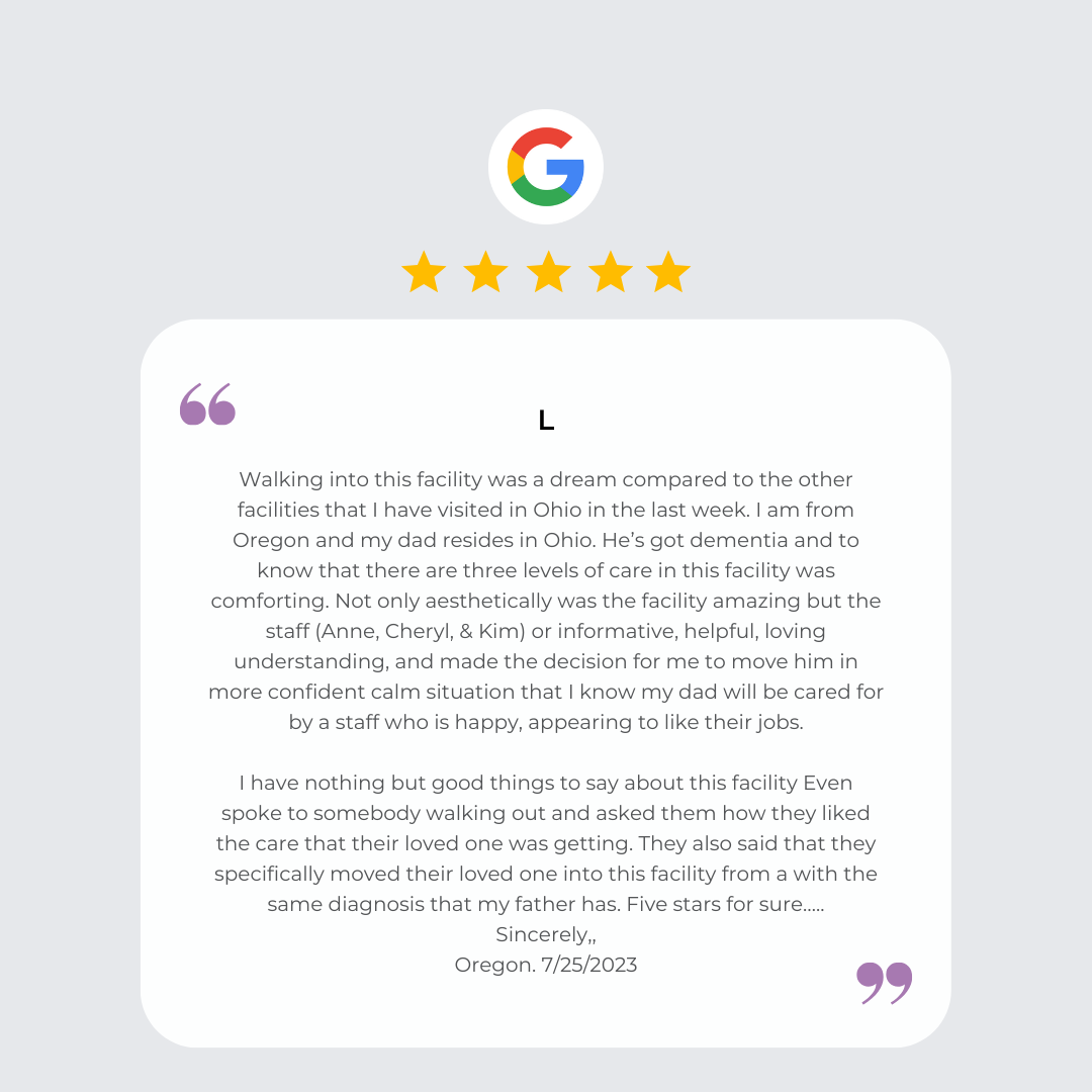 A five-star Google review written by L. praising the staff and quality of care at a facility.