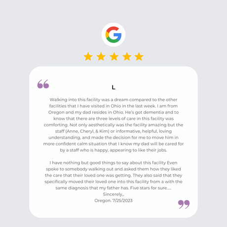 A five-star Google review written by L. praising the staff and quality of care at a facility.