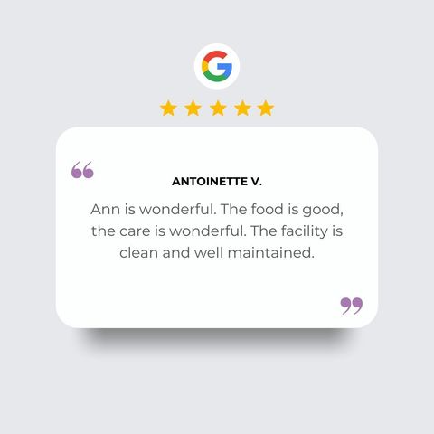 Five-star Google review from Antoinette V. praising the quality of care, food, and facility cleanliness.