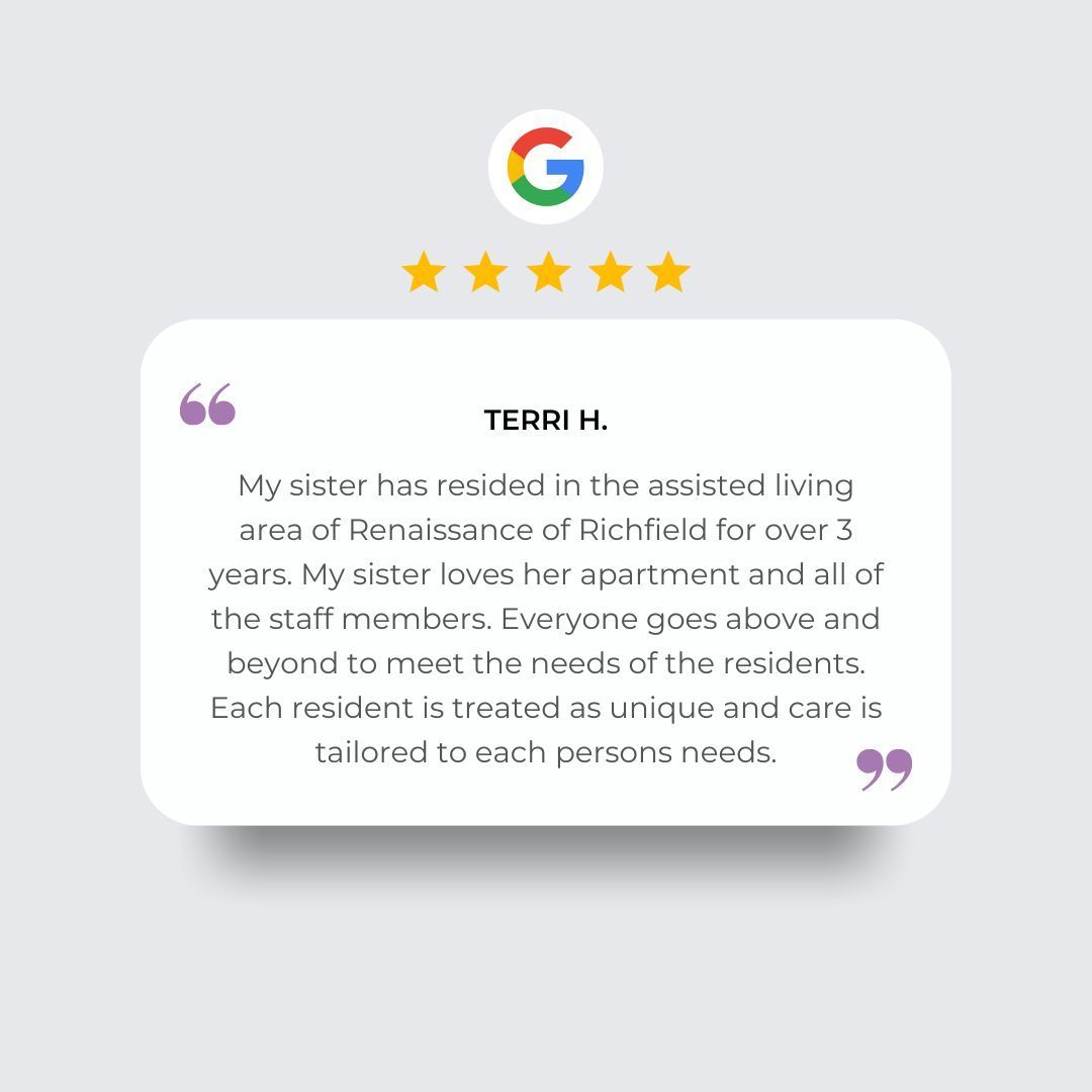 A five-star Google review from Terri H. praising the personalized care and staff at Renaissance of Richfield.