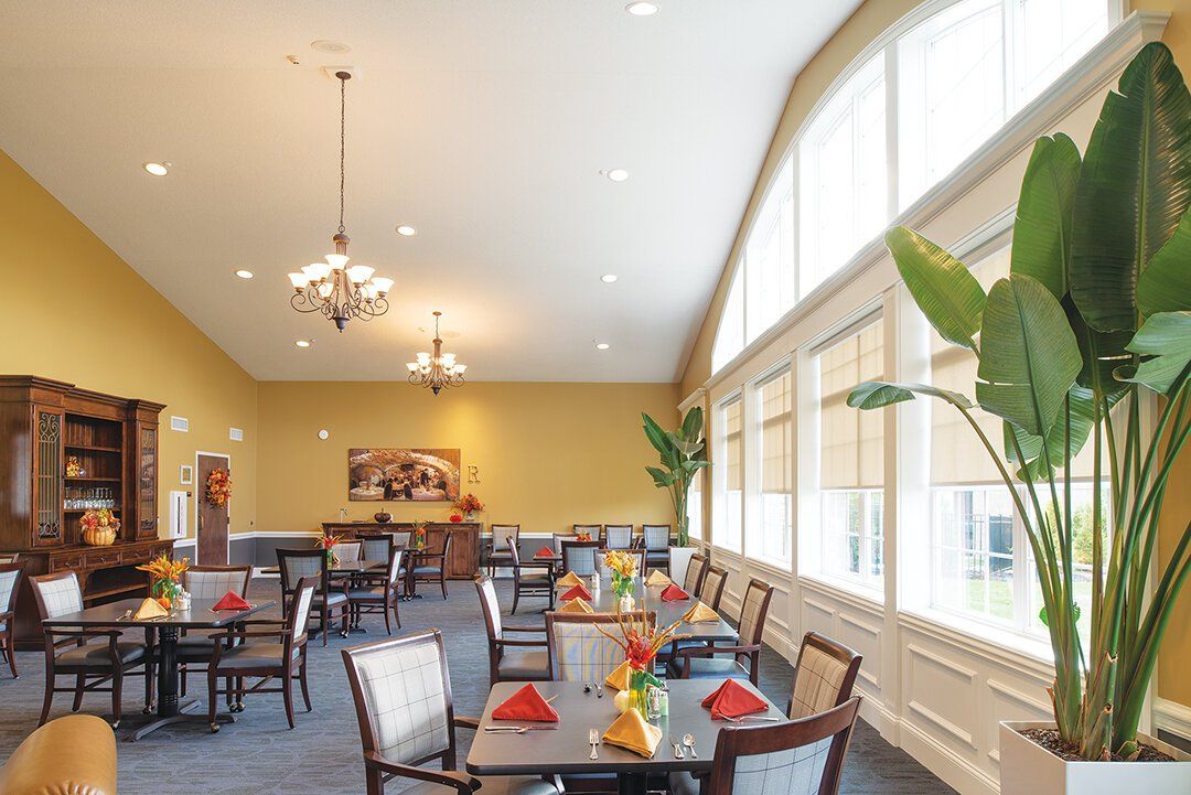 A bright, yellow-walled dining room with tables, chairs, two chandeliers, and a large indoor plant by tall windows.