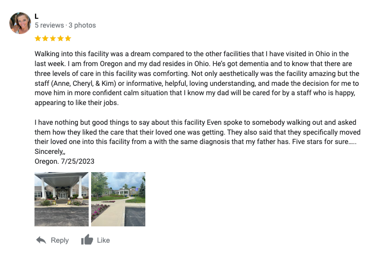 A five-star Google review for a care facility, featuring a heartfelt testimonial, a user profile, and two exterior photos.