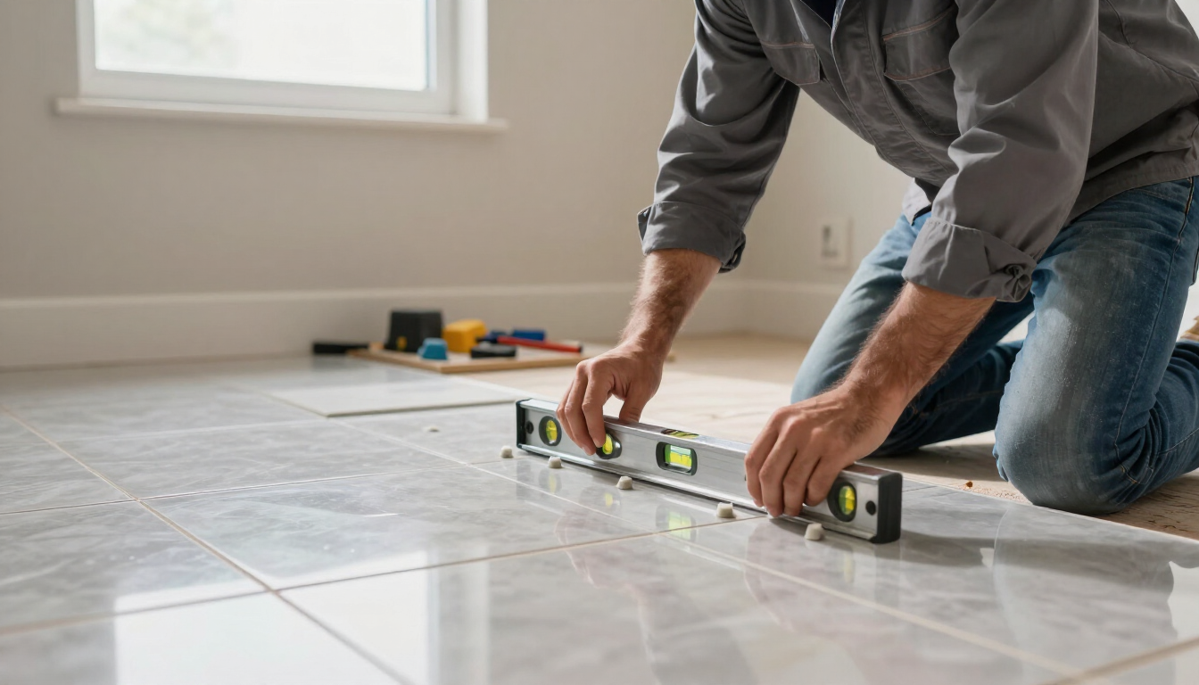 Installer checking tile layout with level and spacers