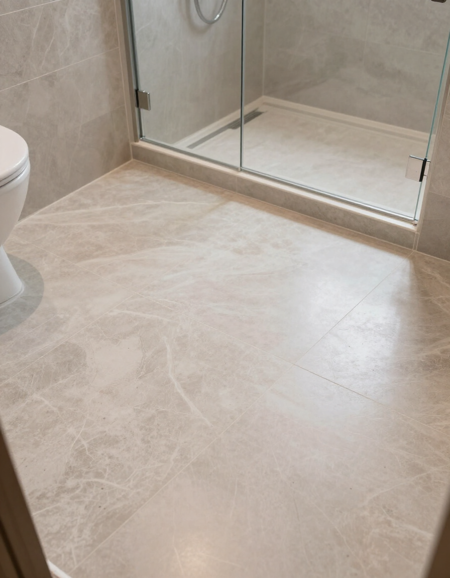 Bathroom floor flowing into shower