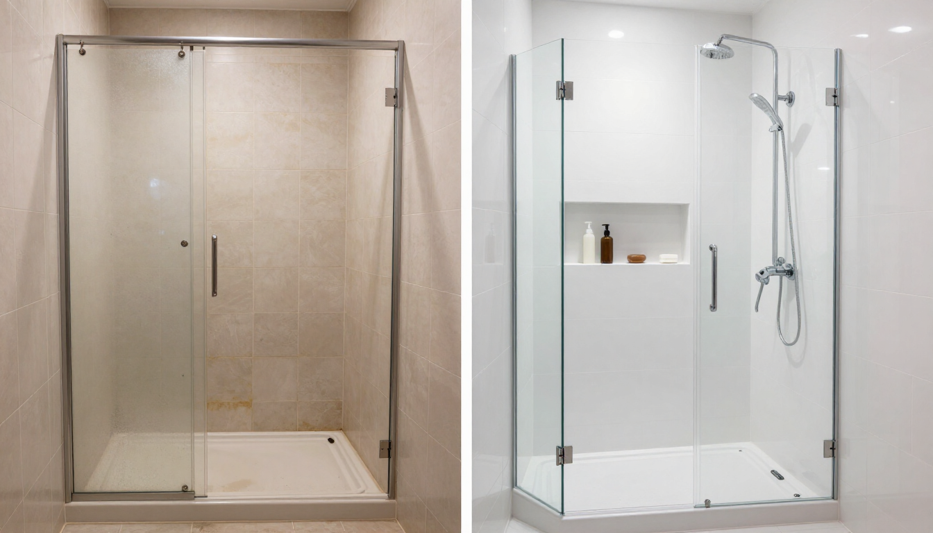 Old enclosed shower transformed into bright frameless-glass porcelain shower