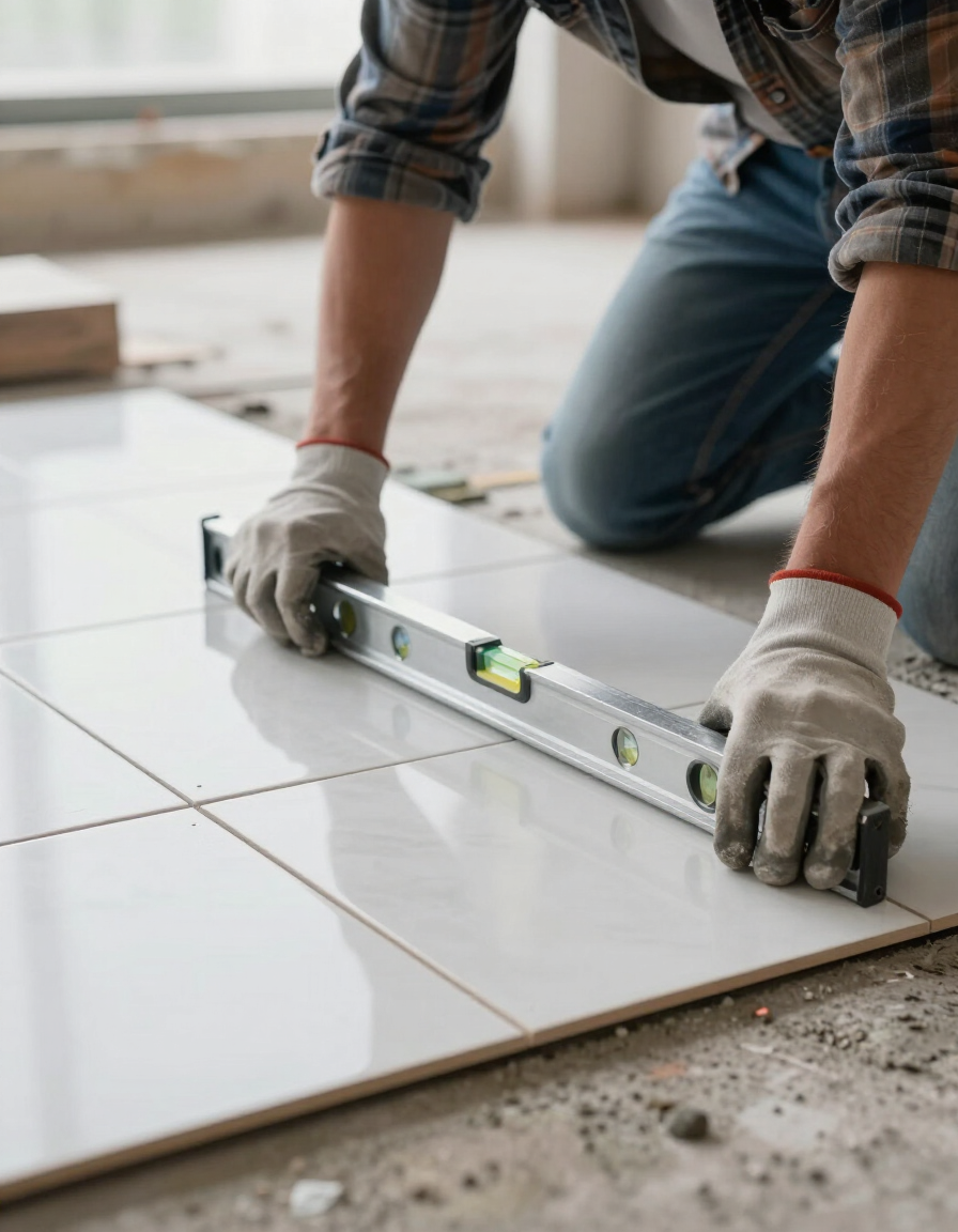 Installer checking tile alignment with level