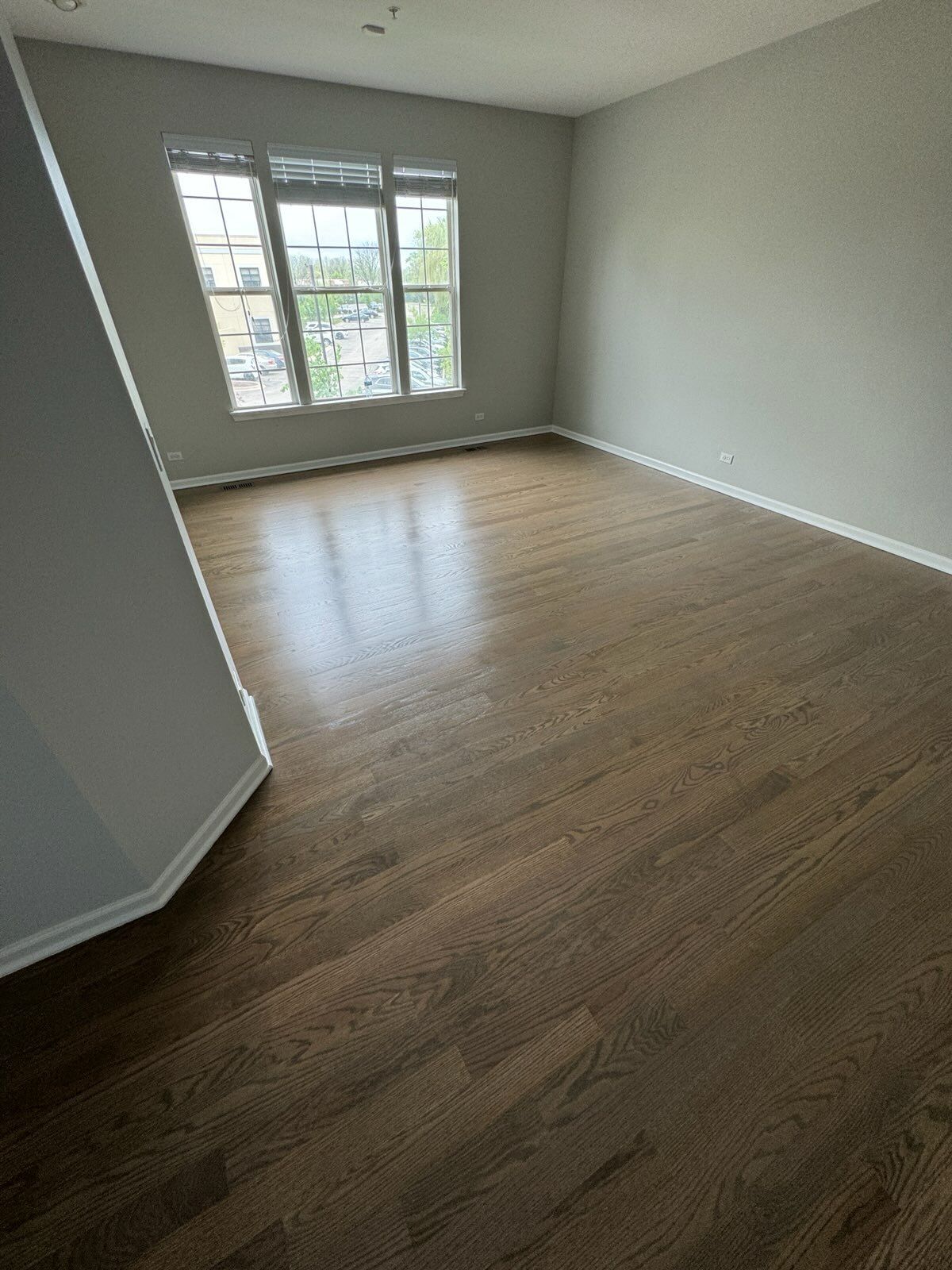 Empty room with light gray walls, wood flooring, and a window letting in daylight.