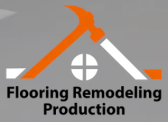 Black-and-white flooring, remodeling, and production logo with tools and American flag motif