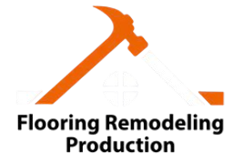 Black-and-white flooring, remodeling, and production logo with tools and American flag motif