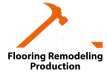Black-and-white flooring, remodeling, and production logo with tools and American flag motif