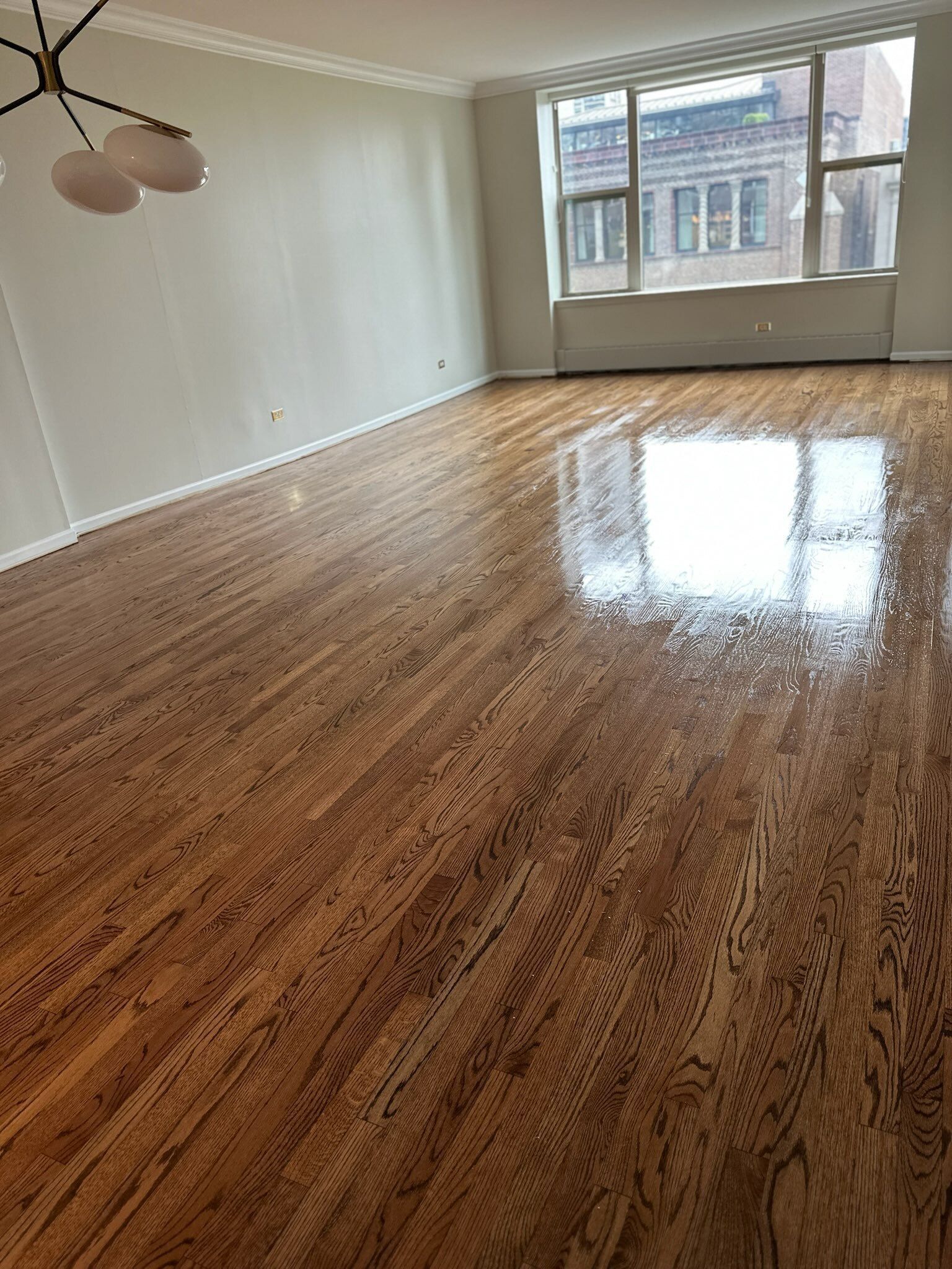 Empty living room with glossy hardwood floors, white walls, and large front windows.