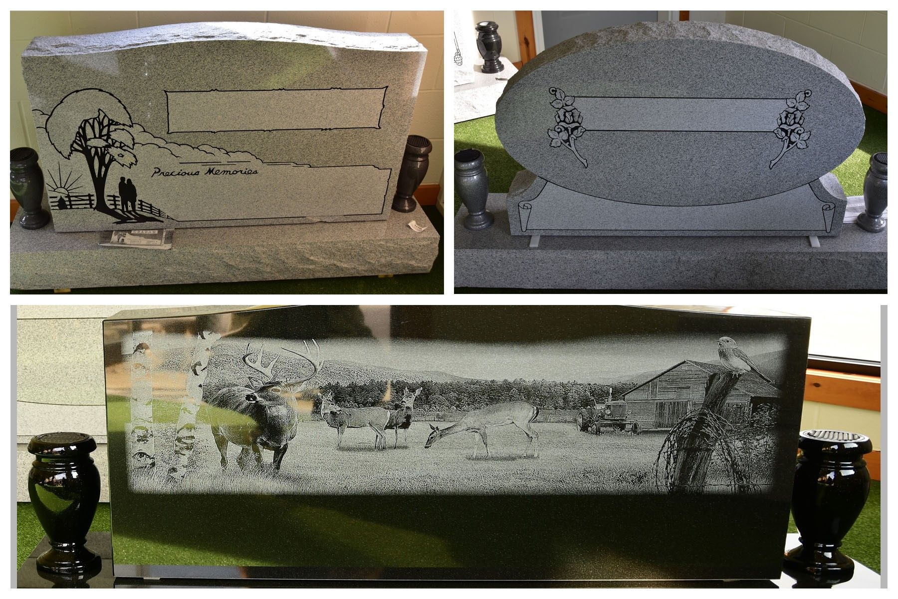 Three views of a gray speckled engraved stone plaque on a black stand