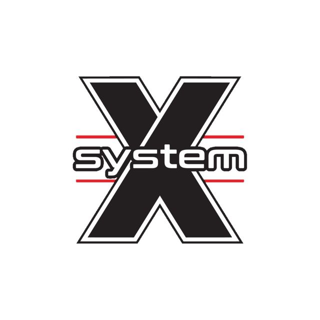 System X logo in black, gray, and red on a white background