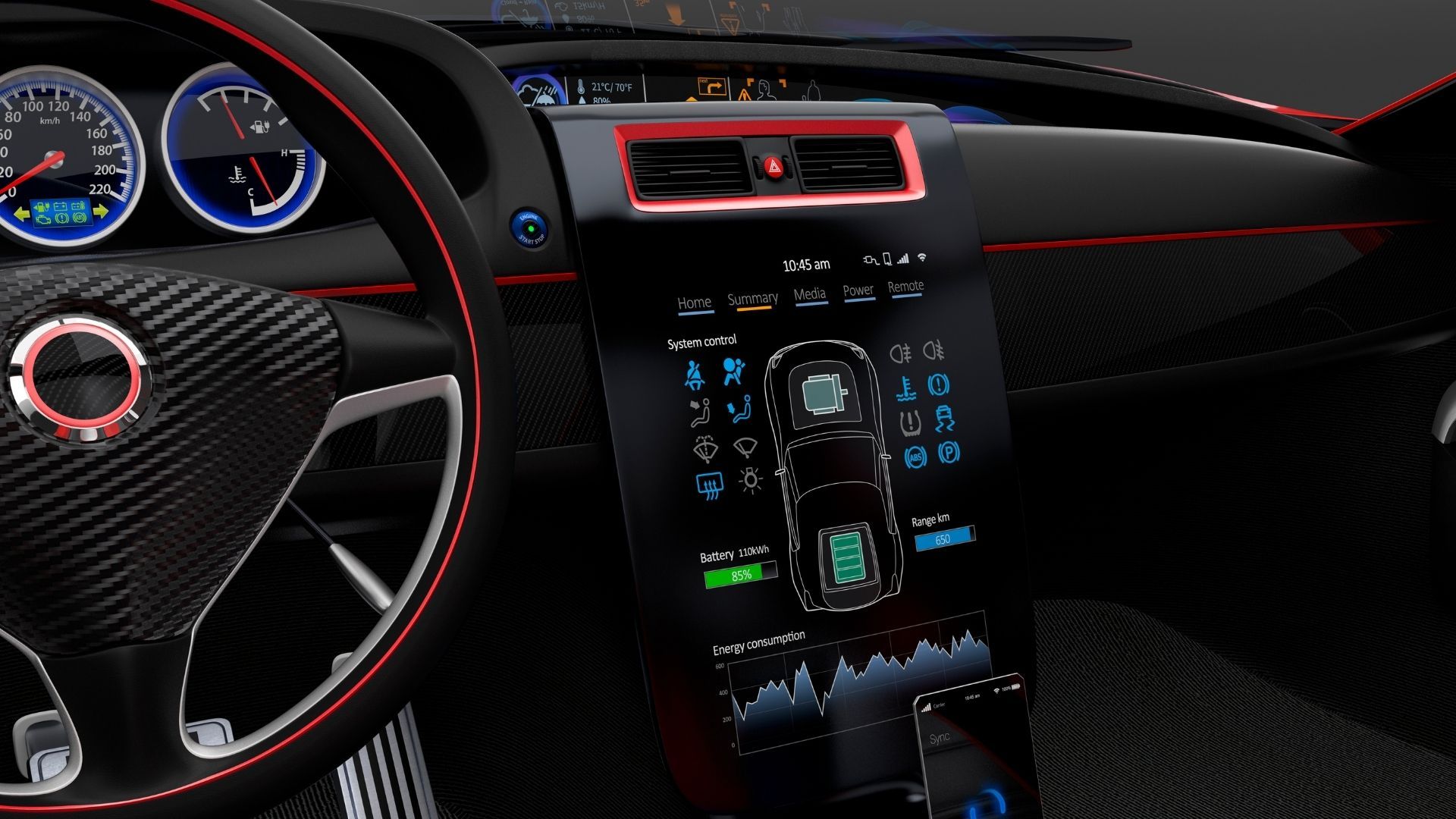 Car interior at night with illuminated dashboard, steering wheel, and center console controls
