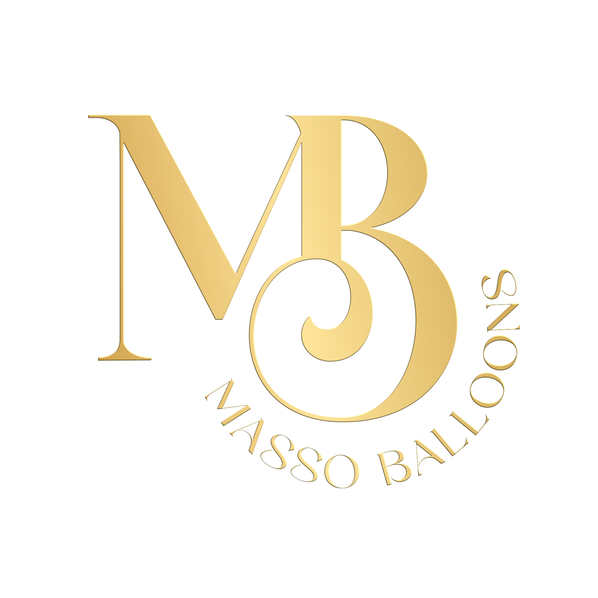A gold logo for masso balloons with a white background