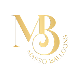 A gold logo for masso balloons with a white background