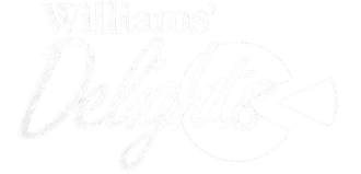 White cursive “Delicious” text with a fish illustration in a light, almost blank background
