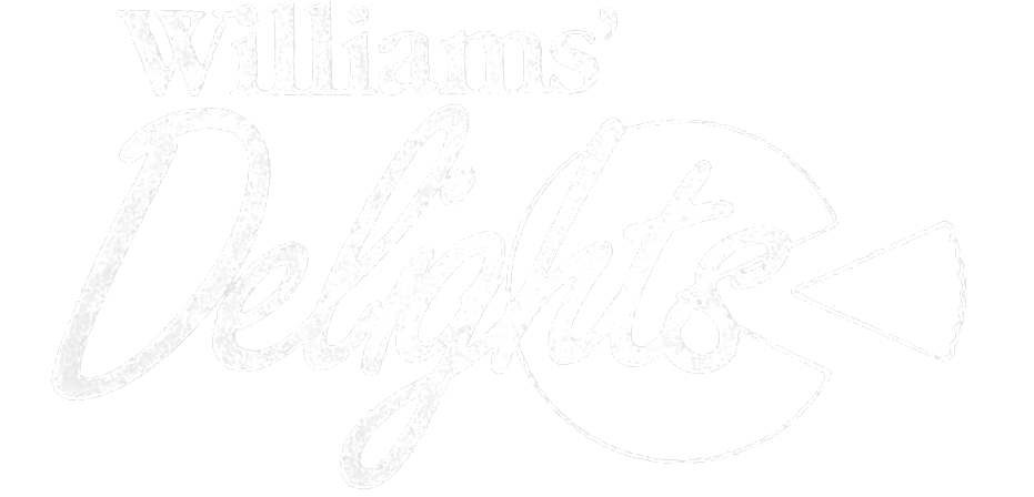 White cursive “Delicious” text with a fish illustration in a light, almost blank background