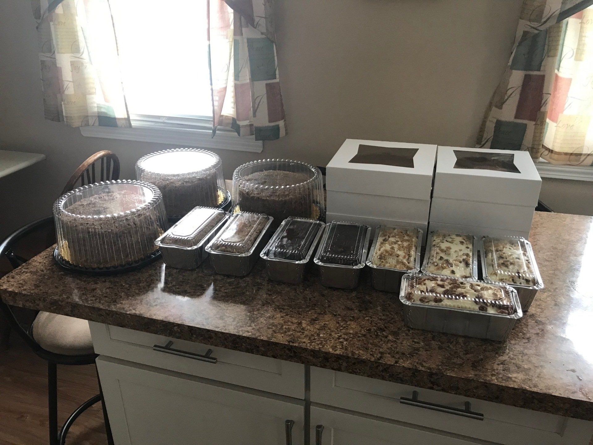 Kitchen counter lined with covered containers of prepared food near a window