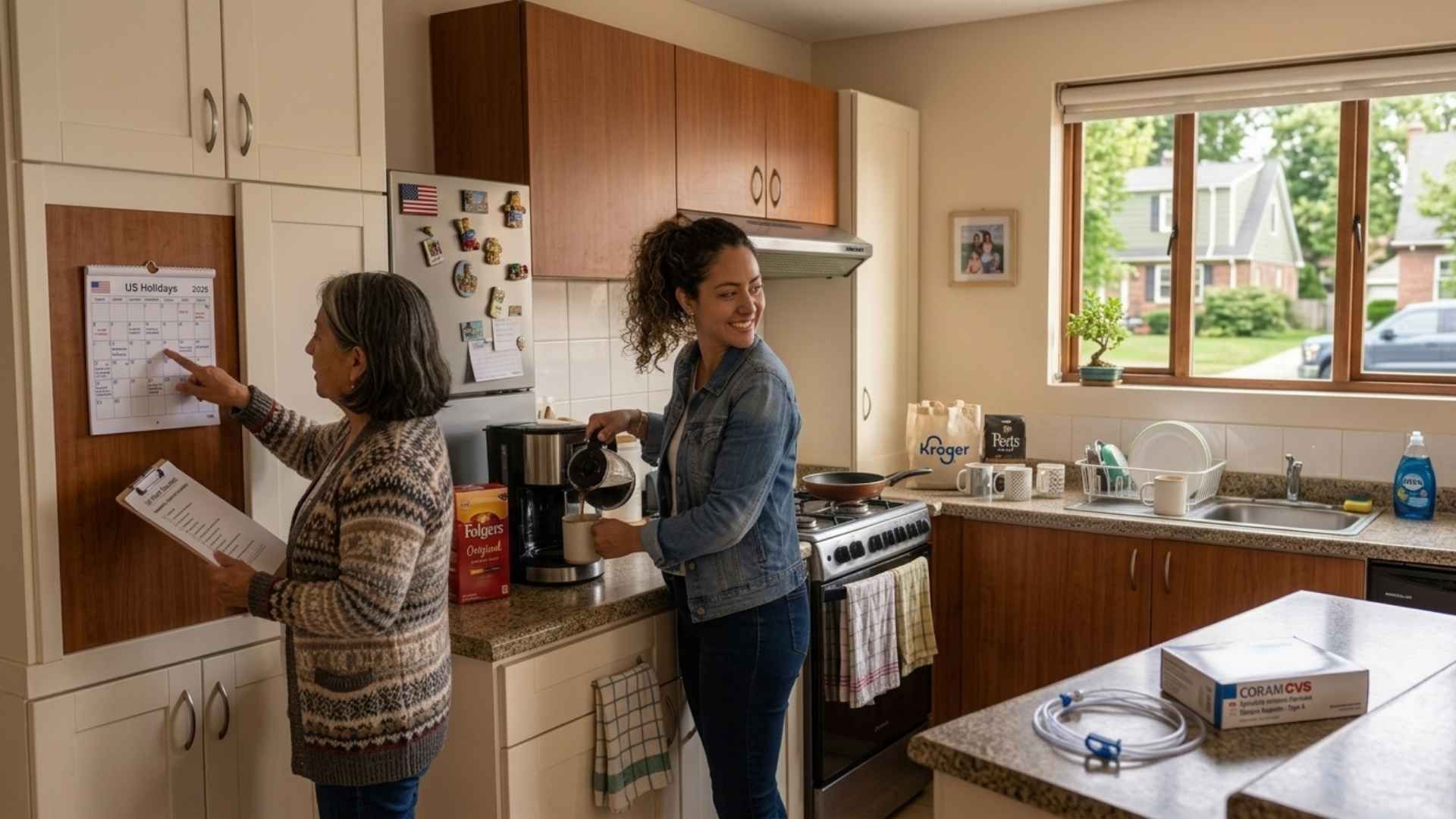 Adult daughter and her mother reviewing a delivery schedule together in the kitchen at home