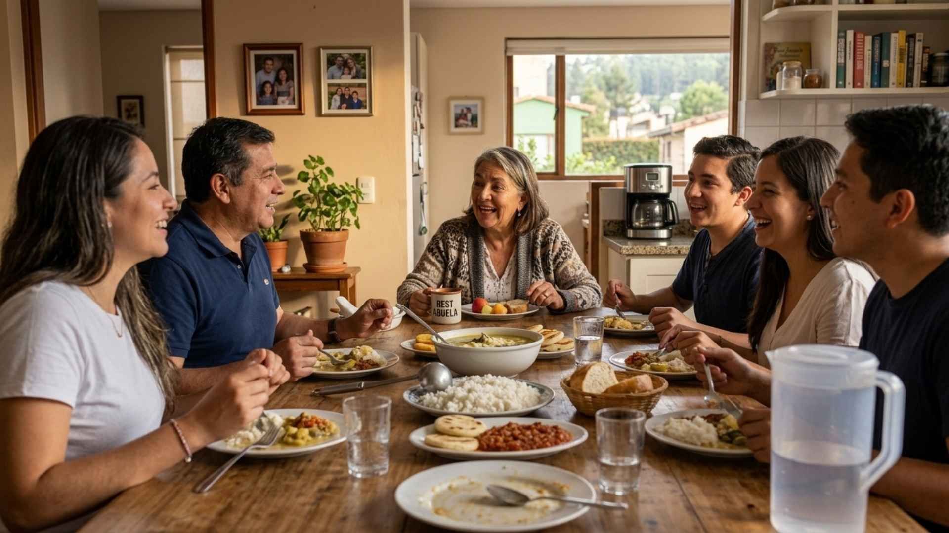 Family sharing a meal at home while one member on parenteral nutrition joins the table