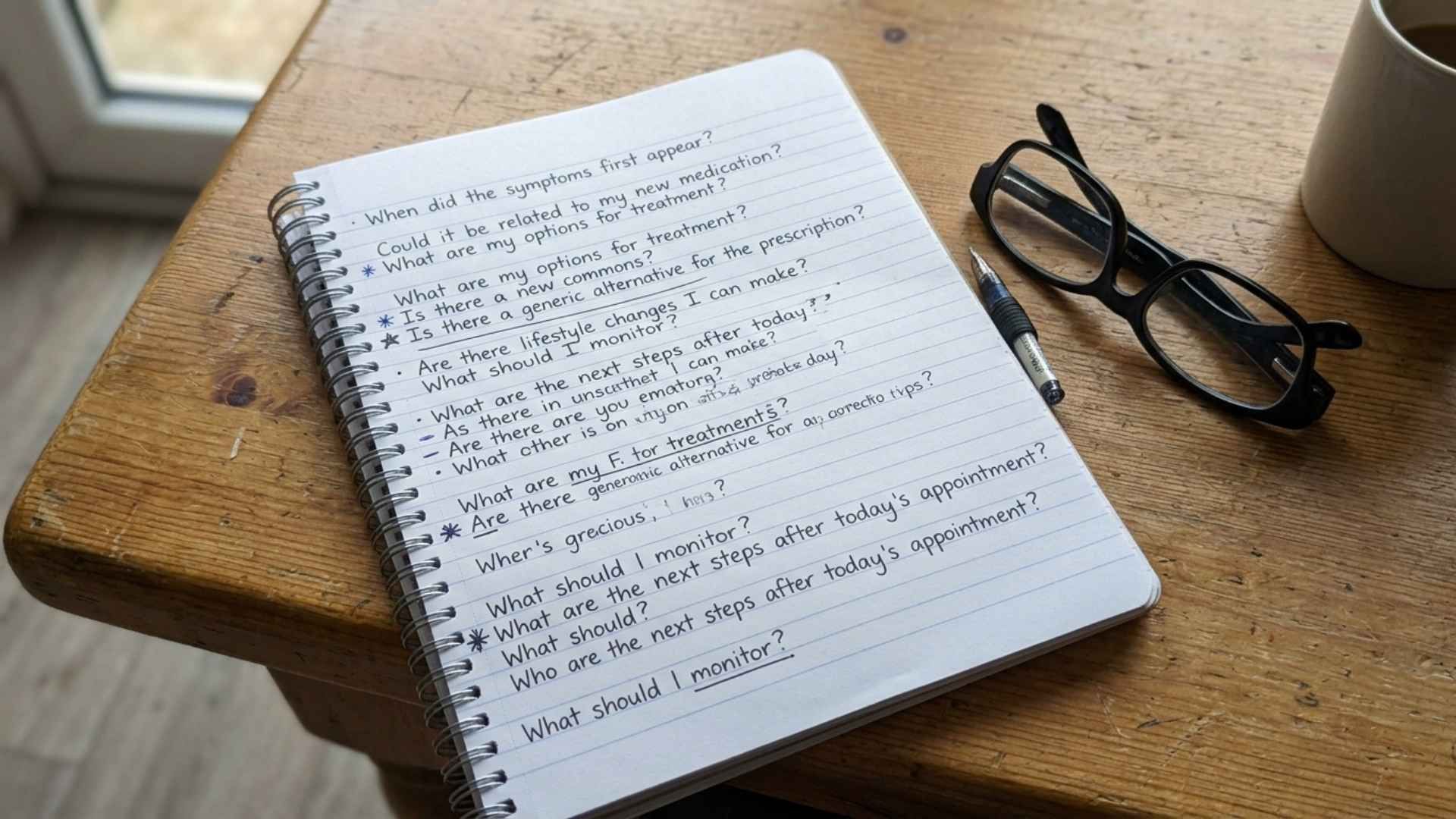 Handwritten list of questions prepared for a dialysis appointment about IDPN therapy