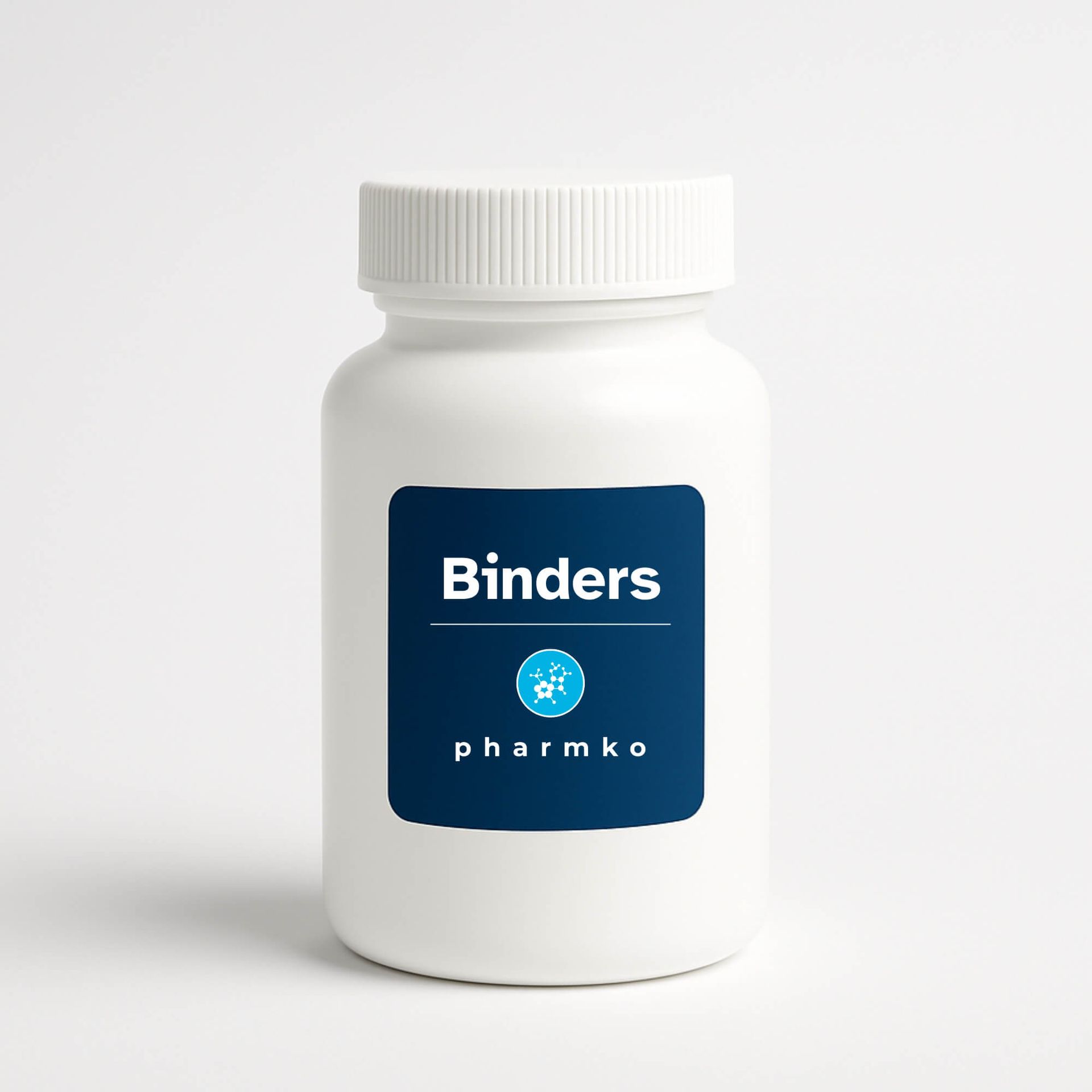 White Pharmko bottle with a dark blue label reading 'Binders,' representing Pharmko’s line of specialty binder medications and nutritional support products.