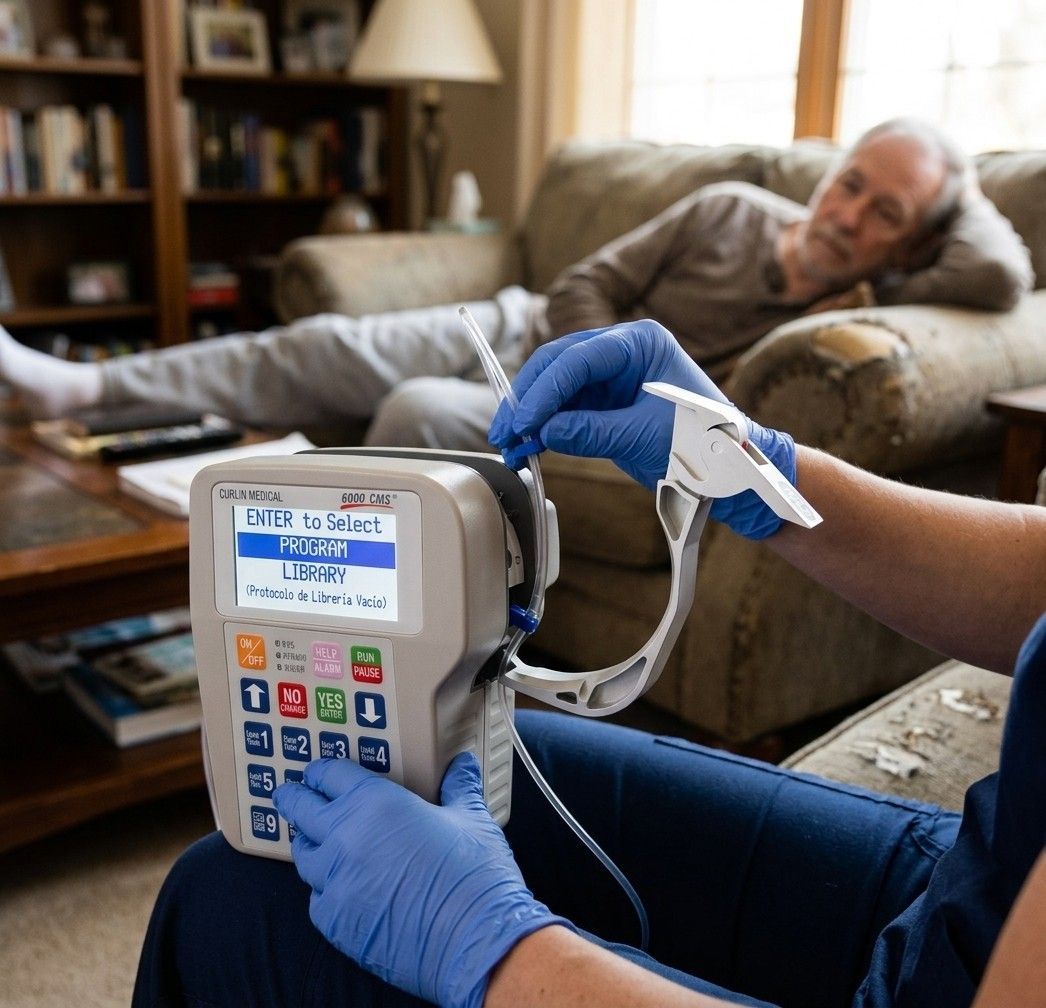 A smiling Latina nurse in navy scrubs and blue gloves stands beside a clear IV bag hanging from a stainless-steel pole. The IV bag displays a dark blue Pharmko label with the text “Intradialytic Parenteral Nutrition,” featuring a green “IDPN” badge and a medical icon. Both the nurse and the IV setup are shown clearly against a clean, neutral background.