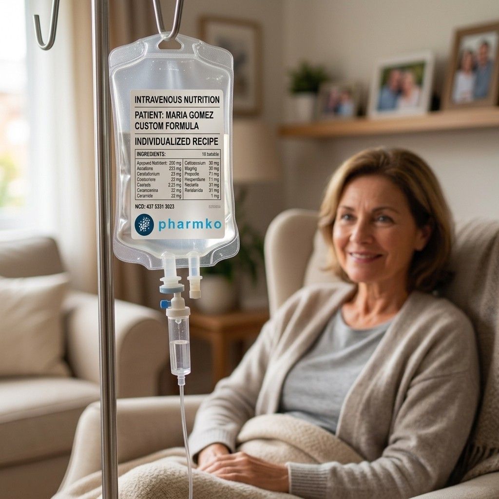 A smiling African American nurse in navy scrubs stands beside a clear IV bag hanging from a stainless-steel pole. The IV bag features a dark blue Pharmko label with the text “Total Parenteral Nutrition,” a turquoise “TPN” badge, and a small medical icon. The scene is clean, bright, and clinical, with both the nurse and the IV bag in sharp focus