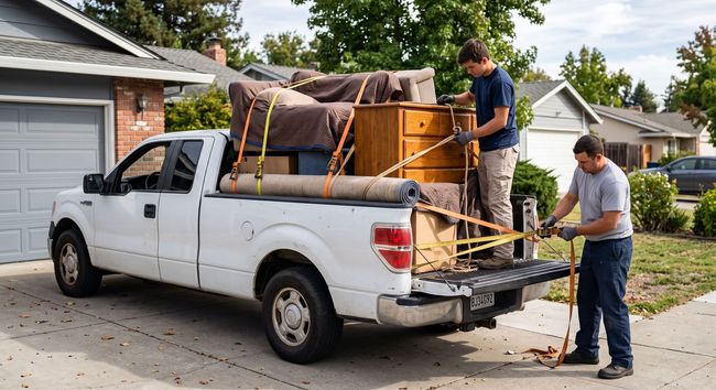 Two men loading a couch and table into the bed of a white pickup truck on a residential street.